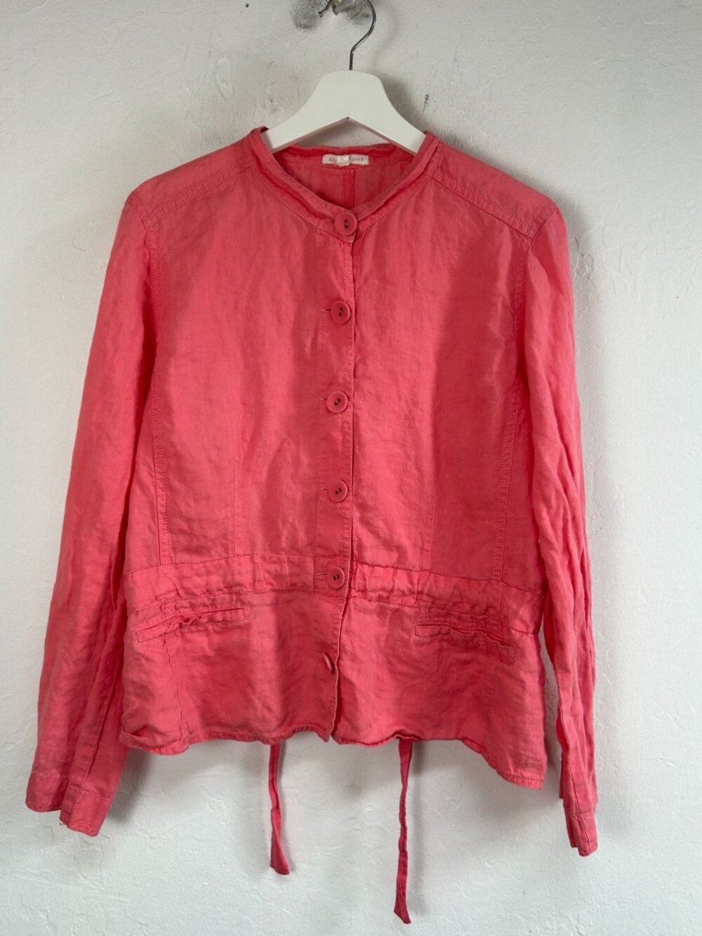 Eileen Fisher Irish Linen Shirt Jacket Large Pink Coral Shacket Adjustable Waist